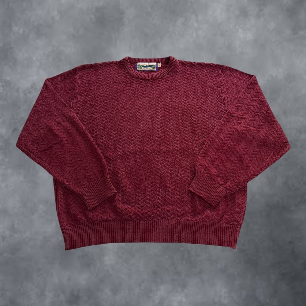 Shenandoah Mens Large Burgundy Cotton Textured Chevron Knit Crewneck Sweater USA